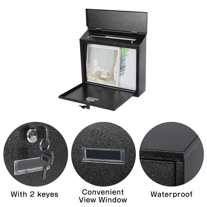 xydled Mail Boxes with Key Lock,Locking Mailbox Wall Mounted,Security Mailbox with Lock and Key,Large Capacity,Steel Cover Metal Postbox for House,14.2X 4X 12.6 Inch, Black - Image 3